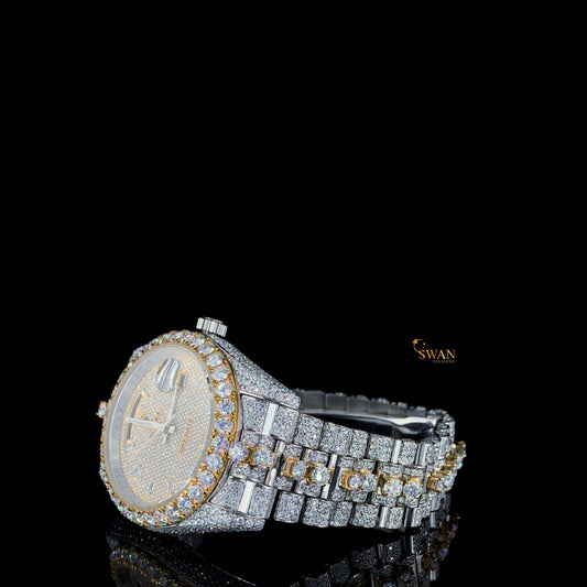 and ending with a strong keyword):  Luxury Two Tone Iced Out Diamond Watch Fully Paved with Round Cut Stones Custom Bracelet High End Jewelry Gift Timepiece SwanDiamond