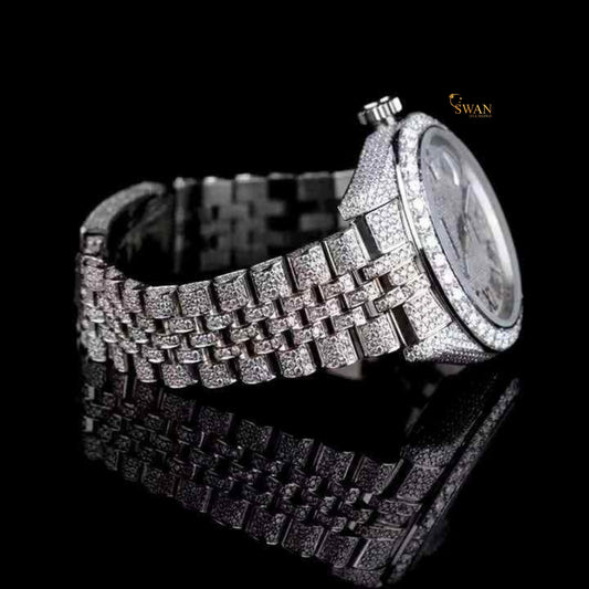 Luxury Fully Iced Out Diamond Watch with Roman Numeral Dial and Pave Bracelet High End Men’s Timepiece SwanDiamond