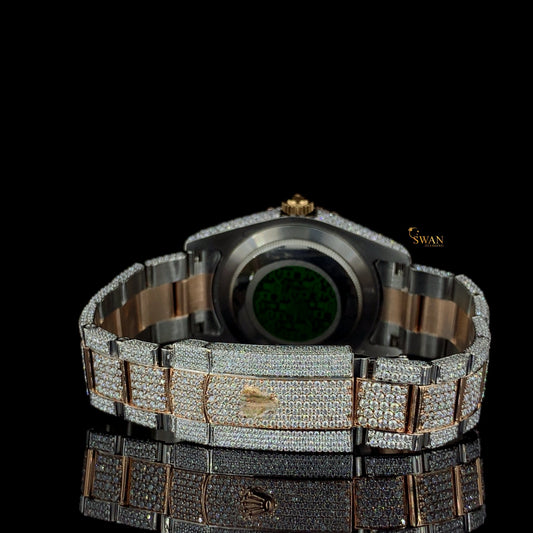 Two Tone Diamond Watch Fully Iced Out with Rose Gold and Silver Bracelet Roman Numeral Dial Custom Luxury Timepiece SwanDiamond