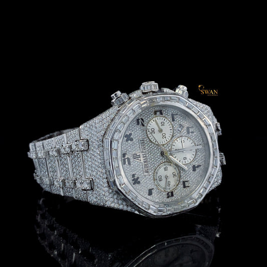 Luxury Iced Out Diamond Chronograph Watch with Baguette Bezel Full Pave Dial and Bracelet Bold Octagon Style Timepiece SwanDiamond