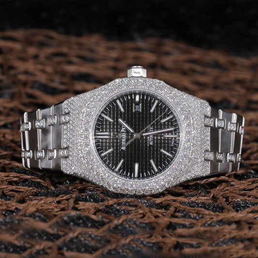 Black Dial Fully Iced Luxury Watch with Diamond Bezel and Stainless Steel Bracelet SwanDiamond