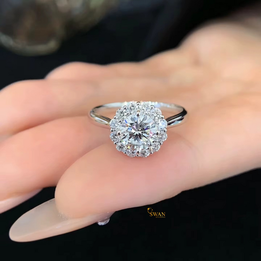 925 Silver Round Cut Diamond Halo Engagement Ring in White Gold Plated with Pavé Band Sparkling Solitaire Bridal Jewelry Anniversary Gift for Her swandiamond