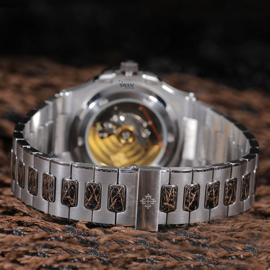 White Dial Luxury Watch with Blue Sapphire Accents and Stainless Steel Bracelet SwanDiamond