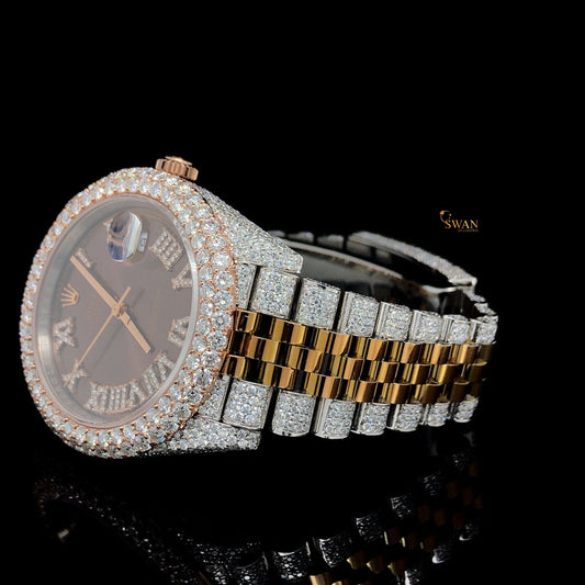 Luxury Two Tone Diamond Watch Fully Iced Out with Brown Dial Roman Numerals and Custom Jubilee Bracelet SwanDiamond