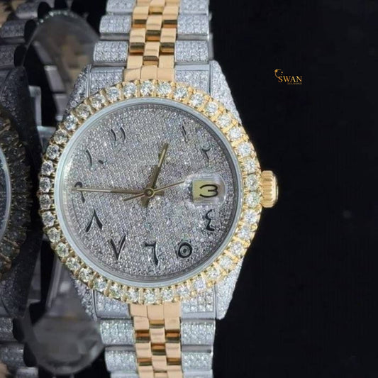 Two Tone Iced Out Diamond Watch Arabic Numeral Dial with Jubilee Bracelet Fully Paved Stones Luxury Custom Timepiece High End SwanDiamond