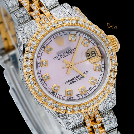 Yellow gold and silver iced-out watch with a mother-of-pearl dial and diamond-studded bezel and link band by swandiamond