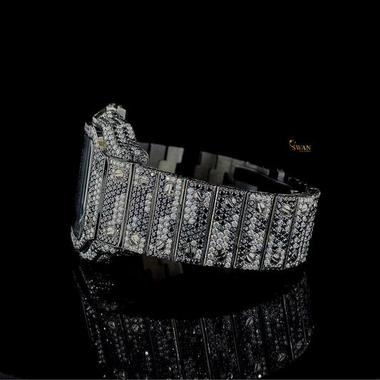 Luxury Cartier Santos Iced Out Watch Fully Covered in Black Diamonds with Roman Dial Custom Designer Jewelry by SwanDiamond