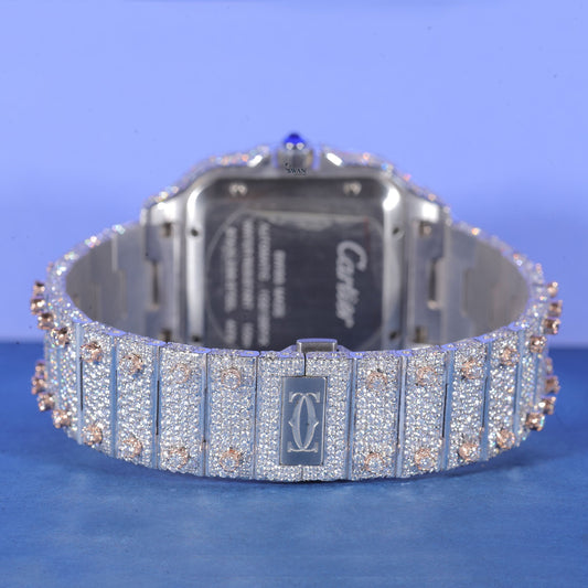 Custom Cartier Style Iced Out Diamond Watch in Rose Gold and Silver – Luxury Statement Timepiece SwanDiamond