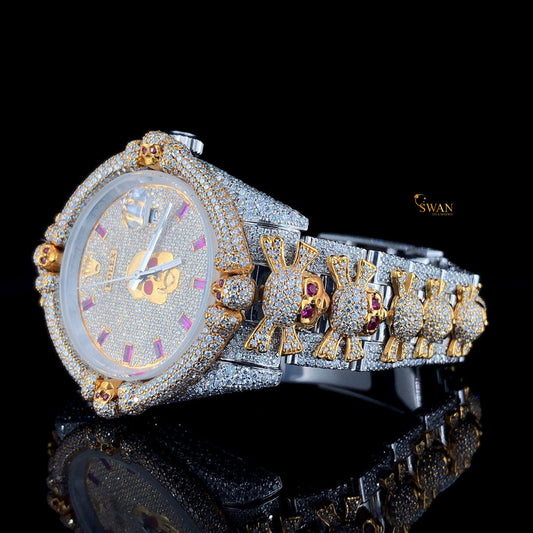Custom Skull Design Iced Out Diamond Watch with Ruby Eyes and Two Tone Details Fully Paved Luxury Timepiece Unique Statement SwanDiamond