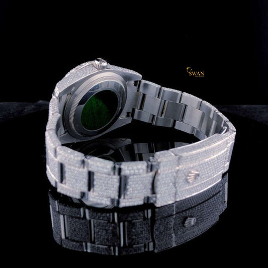 Luxury iced out diamond watch with green Roman dial fully encrusted bracelet timeless silver elegance crafted for collectors SwanDiamond