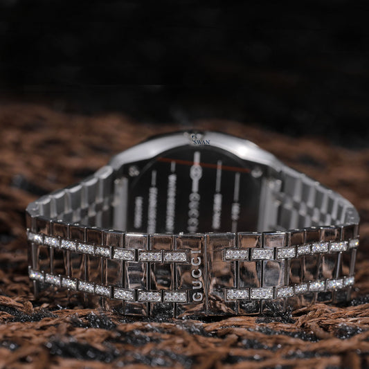 Silver Luxury Watch with Aqua Blue Dial, Diamond Bezel, Pave Link Bracelet, and Sleek Contemporary Design SwanDiamond