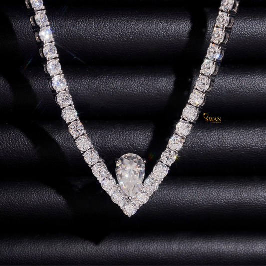 Pear Shaped Natural Diamond Pendant Necklace with Round Diamond Tennis Chain in White Gold Sparkling Luxury Statement Jewelry Gift swandiamond