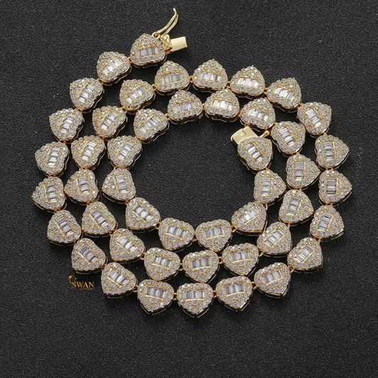 Heart Shaped Baguette Diamond Tennis Bracelet in White Gold Unique Luxury Jewelry for Men & Women swandiamond