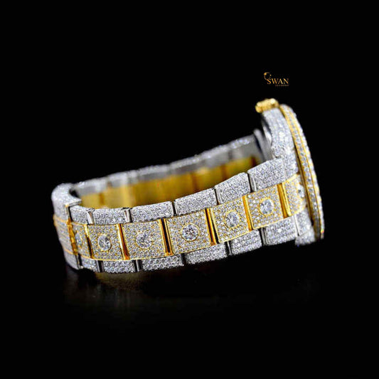 Luxury Two Tone Gold and Silver Iced Out Diamond Watch with Roman Numeral Dial Full Pave Bracelet Custom Bezel High End Jewelry swandiamond