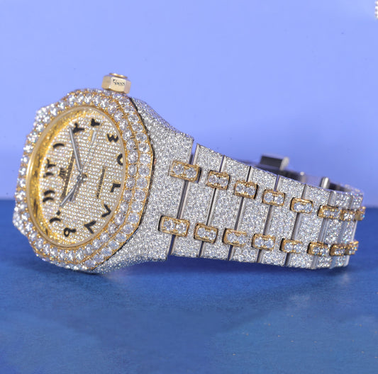 Luxury Arabic Dial Iced Out Watch Fully Custom Moissanite Diamond Timepiece for Men Two Tone Gold and Silver Bling Watch SwanDiamond