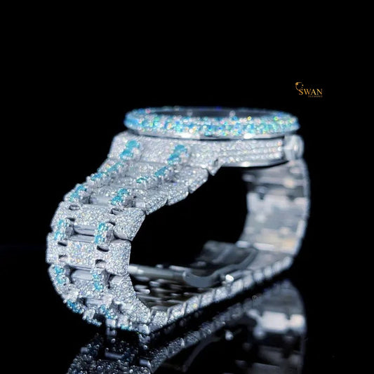 Luxury Iced Out Diamond Watch with Aqua Blue Stones Full Pave Dial and Bracelet Octagon Bezel Premium Timepiece SwanDiamond