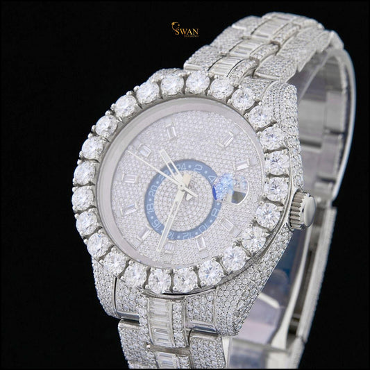 Luxury Iced Out Diamond Watch Silver with Baguette Accents Full Pave Design Round Dial Custom Hip Hop Jewelry Statement Timepiece swan diamond