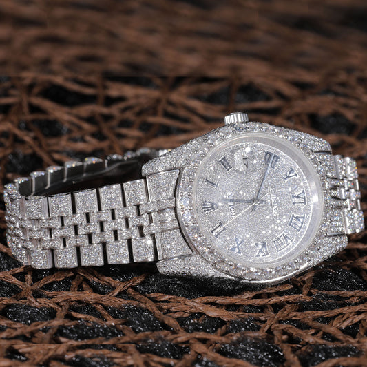 Fully Iced Roman Numeral Dial Luxury Watch with Diamond Bezel and Bracelet SwanDiamond