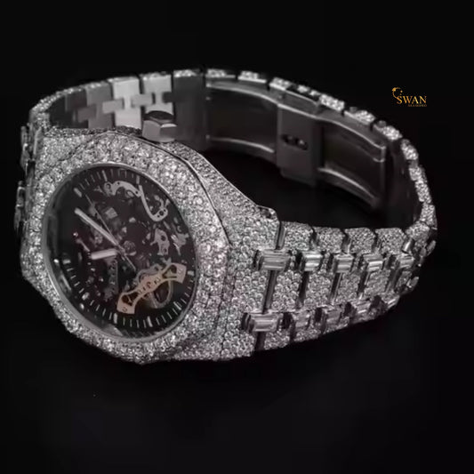 Luxury Iced Out Diamond Skeleton Watch Silver Automatic Black Dial Custom Hip Hop Jewelry Openwork Mechanical Timepiece swan diamond