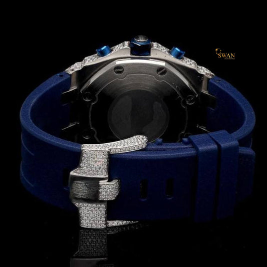 Luxury Iced Out Diamond Chronograph Watch with Blue Rubber Strap Full Pave Dial Large Round Bezel Stones Sporty Bold Style SwanDiamond