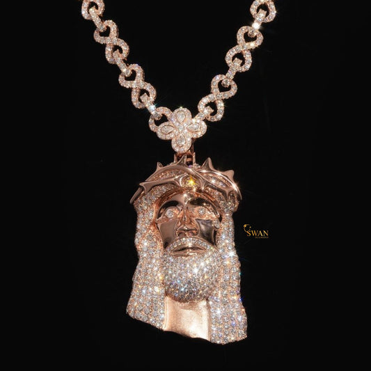 Hip Hop Rose Gold Jesus Face Pendant Iced Out with VVS Moissanite Diamonds Crown of Thorns Luxury Necklace for Men swandiamond