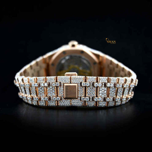 Rose gold luxury diamond watch fully iced out with sparkling bezel and elegant bracelet design crafted for timeless sophistication SwanDiamond