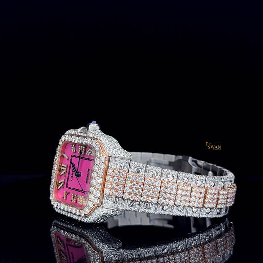Cartier Santos Iced Out Watch Pink Dial Diamond Roman Numerals Two Tone Rose Gold Bracelet Luxury Custom SwanDiamond