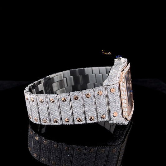 Luxury Diamond Cartier Santos Skeleton Watch Fully Iced Out Two Tone Rose Gold and Silver Case SwanDiamond Exclusive