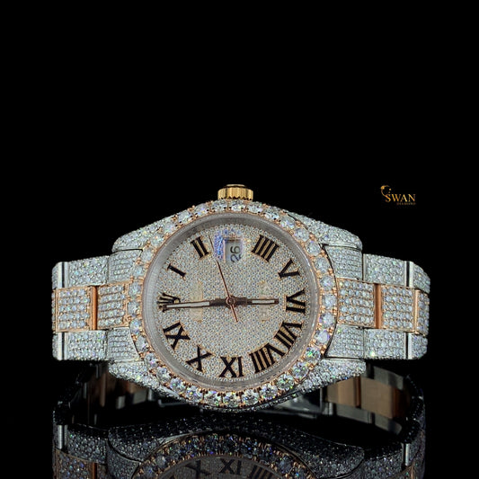Two Tone Iced Out Diamond Watch Roman Numeral Dial Fully Paved with Rose Gold Accents Luxury Custom Timepiece High End Jewelry SwanDiamond