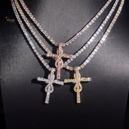 Natural Diamond Tennis Chain with Custom Cross Pendant in White Gold Yellow Gold and Rose Gold Iced Out Hip Hop Jewelry Necklace for Men and women swandiamond