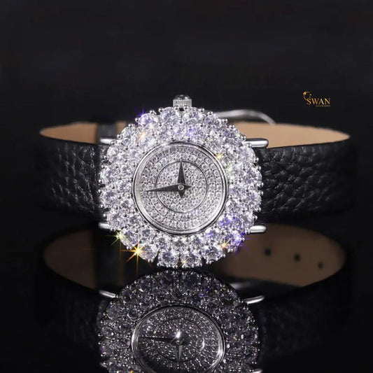 Elegant Ladies Diamond Watch with Black Leather Strap Round Halo Bezel Full Pave Dial Luxury Sparkling Timepiece Classic Style SwanDiamond