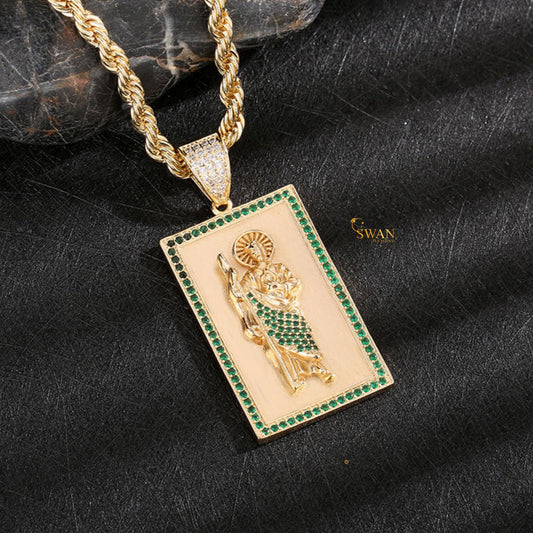 Hip Hop Jewelry Gold Saint Pendant with Green Accents Iced Out Rectangle Religious Bling Necklace Custom Statement Chain for Men swandiamond