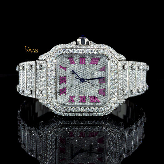 Custom Cartier Style Diamond Watch with Pink Roman Dial and Fully Paved Silver Bracelet Luxury SwanDiamond Collection