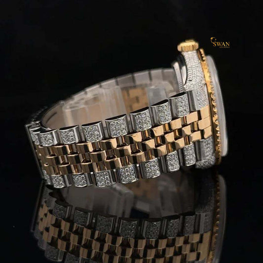 Two Tone Iced Out Diamond Watch Roman Numeral Dial with Pave Setting and Jubilee Bracelet Luxury Custom Timepiece High End Jewelry SwanDiamond