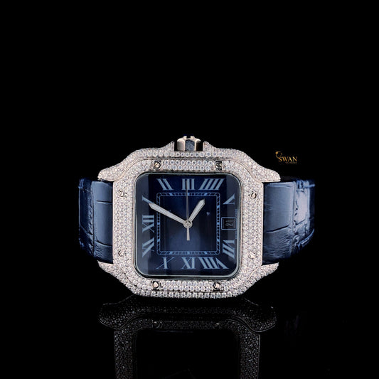 Cartier Santos Diamond Watch Blue Dial with Pave Diamonds and Blue Leather Strap Luxury Men’s Jewelry SwanDiamond