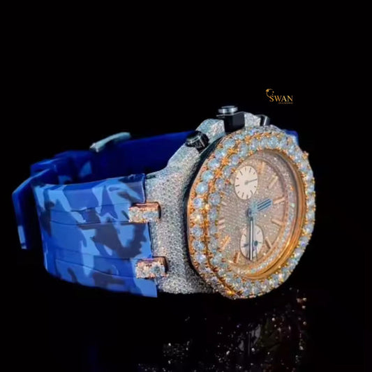 Iced Out Diamond Chronograph Watch with Blue Camouflage Strap Fully Paved Bezel and Dial Custom Luxury Timepiece High End Jewelry SwanDiamond