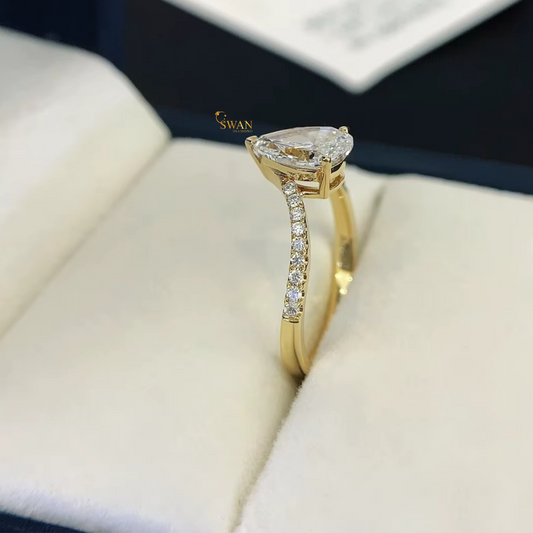 Pear Cut Diamond Engagement Solitaire Ring in Solid Gold with Pavé Band Elegant Teardrop Shape Modern Bridal Jewelry Gift for Her swandiamond