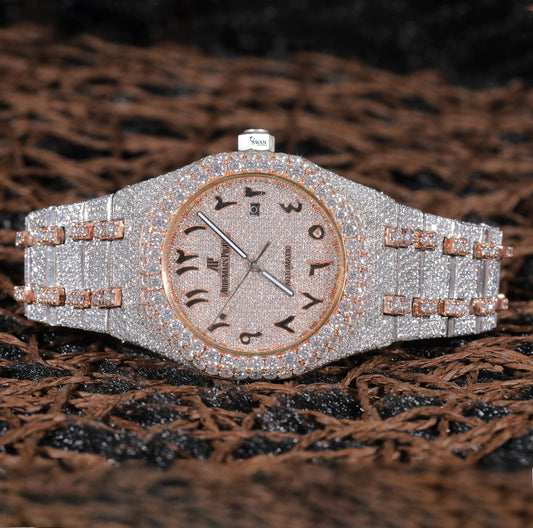Luxury SwanDiamond Arabic Dial Iced Out Watch with Rose Gold Accents and Full Moissanite Pave Design for Men