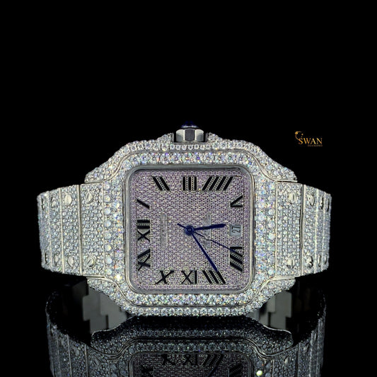 Luxury Iced Out Diamond Watch Silver Square Roman Numeral Dial Automatic Custom Hip Hop Jewelry Full Pave Design Statement swan diamond