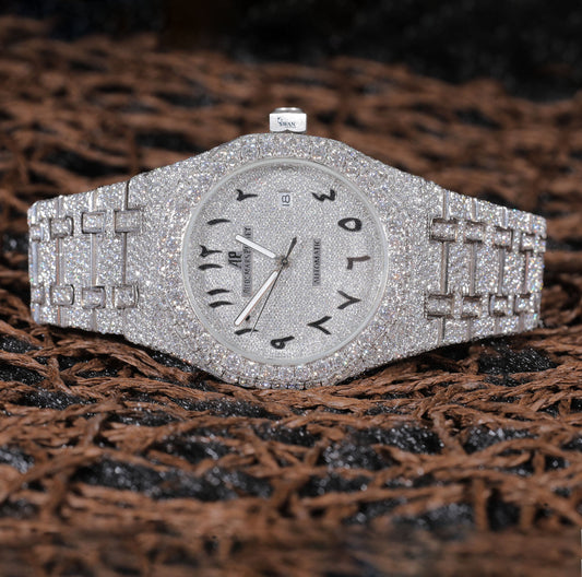 Fully Iced Out Arabic Dial Moissanite Watch in Silver Tone – Luxury Men's Custom TimepieceSwanDiamond