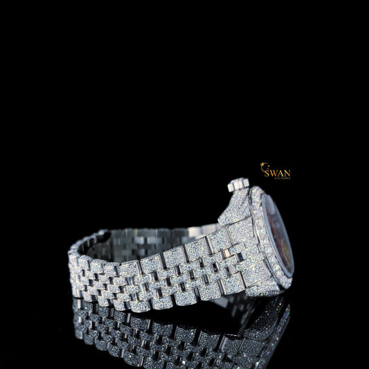 Iced Out Diamond Watch with Red Mother of Pearl Dial Fully Paved Bracelet Luxury Timepiece SwanDiamond