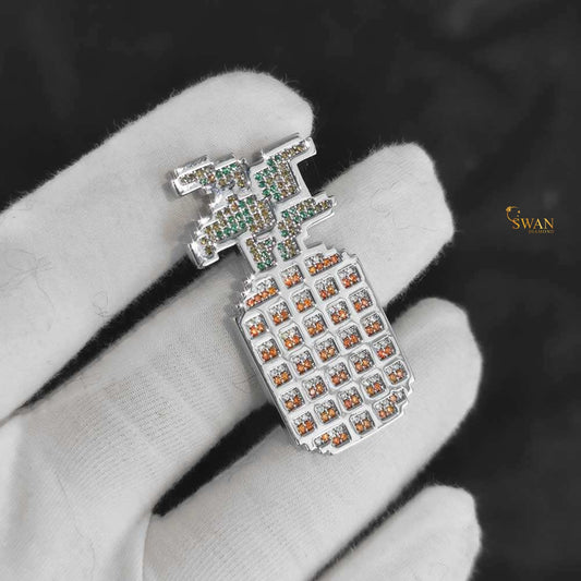 Custom Hip Hop Pineapple Pendant Iced Out Jewelry with Green and Orange Stones Silver Bling Statement Necklace for Men