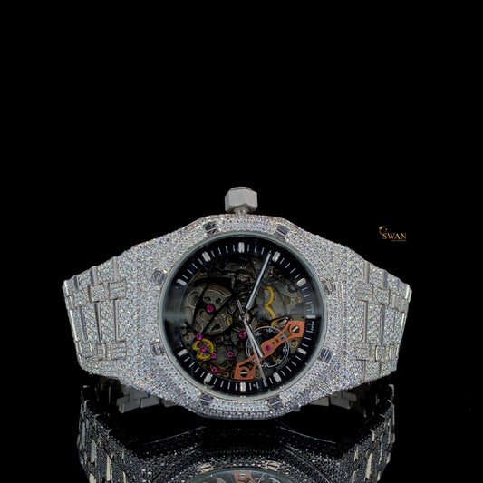 Luxury Iced Out Skeleton Automatic Watch Full Diamond Pave Silver Band Hip Hop Mens Timepiece Gift SwanDiamond