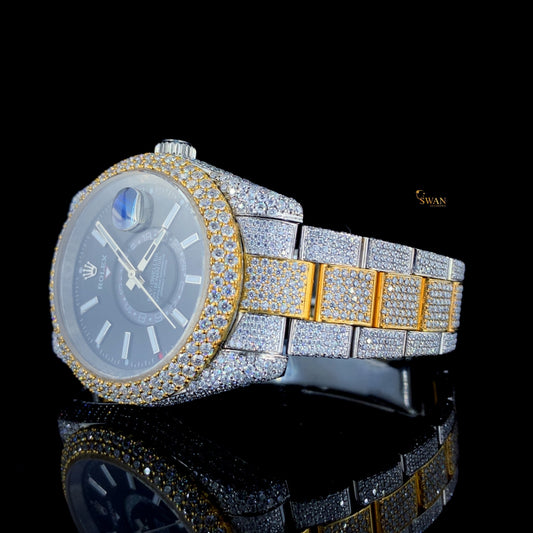 Mens Two Tone Diamond Watch Iced Out Black Dial Luxury Custom Fully Paved Bracelet Hip Hop Jewelry Timepiece SwanDiamond