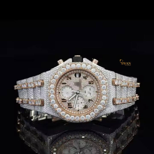 Luxury Iced Out Chronograph Diamond Watch Fully Paved with Round Cut Stones Rose Gold Accents Custom Timepiece High End Jewelry SwanDiamond