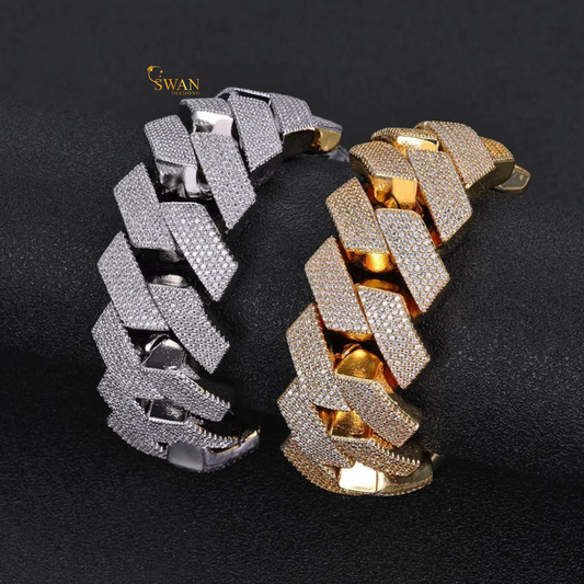 Iced Out Cuban Link Bracelets in White Gold and Yellow Gold with Natural Diamonds Wide Pave Statement Jewelry swandiamond