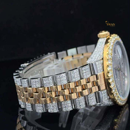 Two Tone Iced Out Diamond Watch Arabic Numeral Dial with Jubilee Bracelet Fully Paved Stones Luxury Custom Timepiece High End SwanDiamond