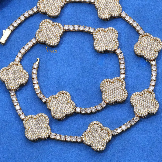 Four Leaf Clover Diamond Tennis Necklace in White Gold with Pave Setting Unique Luxury Statement Jewelry for Men and Women swandiamond