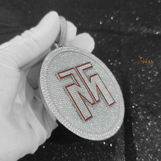 Custom Hip Hop Round Iced Out Pendant with Red Initial Letters Bling Necklace Silver Statement Jewelry for Men swandiamond