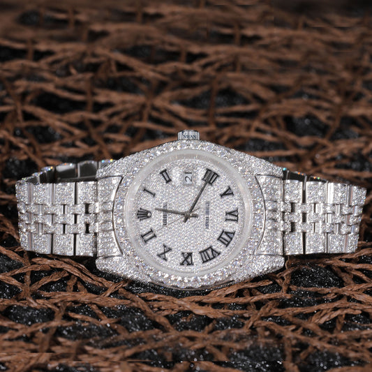 Fully Iced Roman Numeral Dial Luxury Watch with Diamond Bezel and Bracelet SwanDiamond